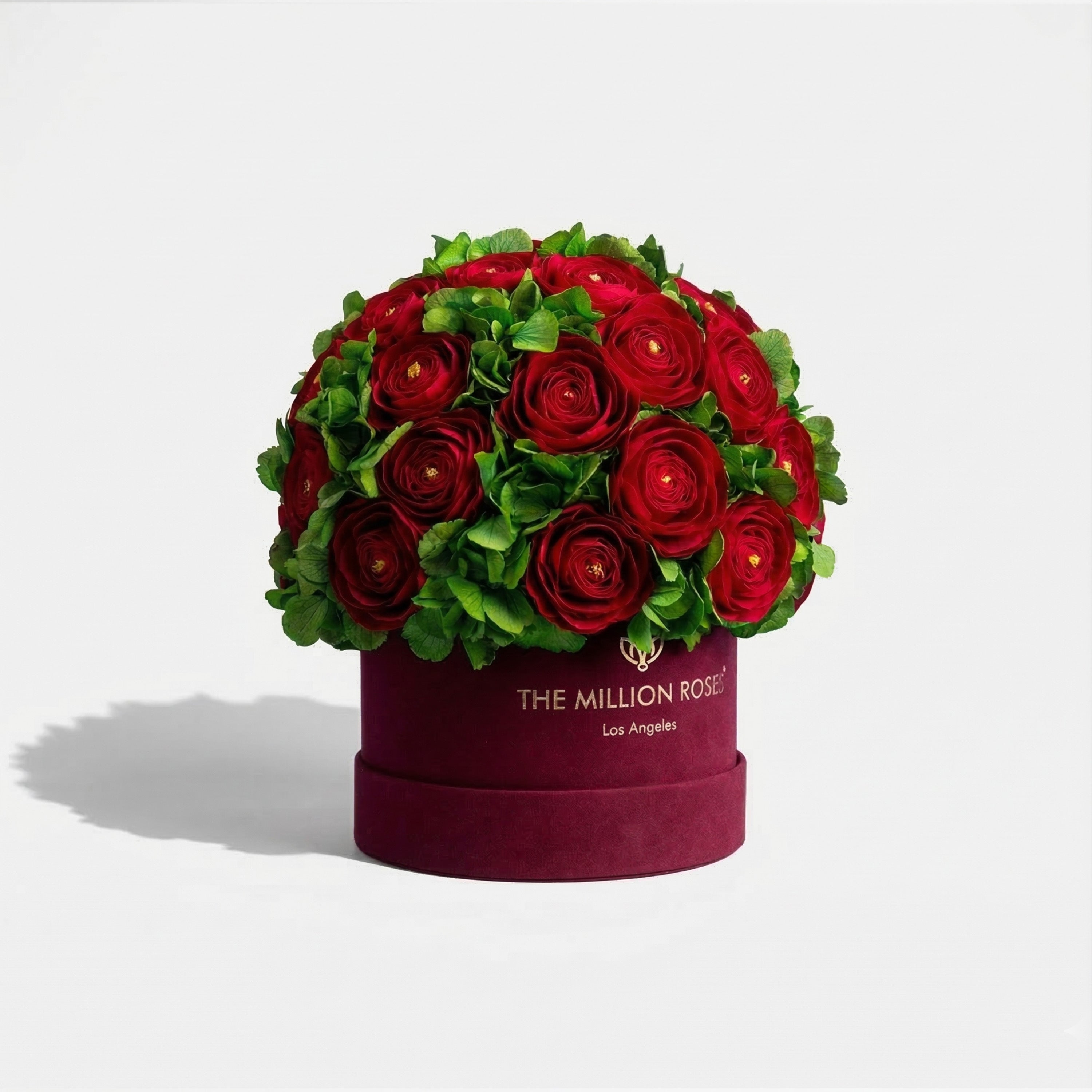 Classic Bordeaux Suede Box | Red Persian Buttercups & Green Hydrangeas