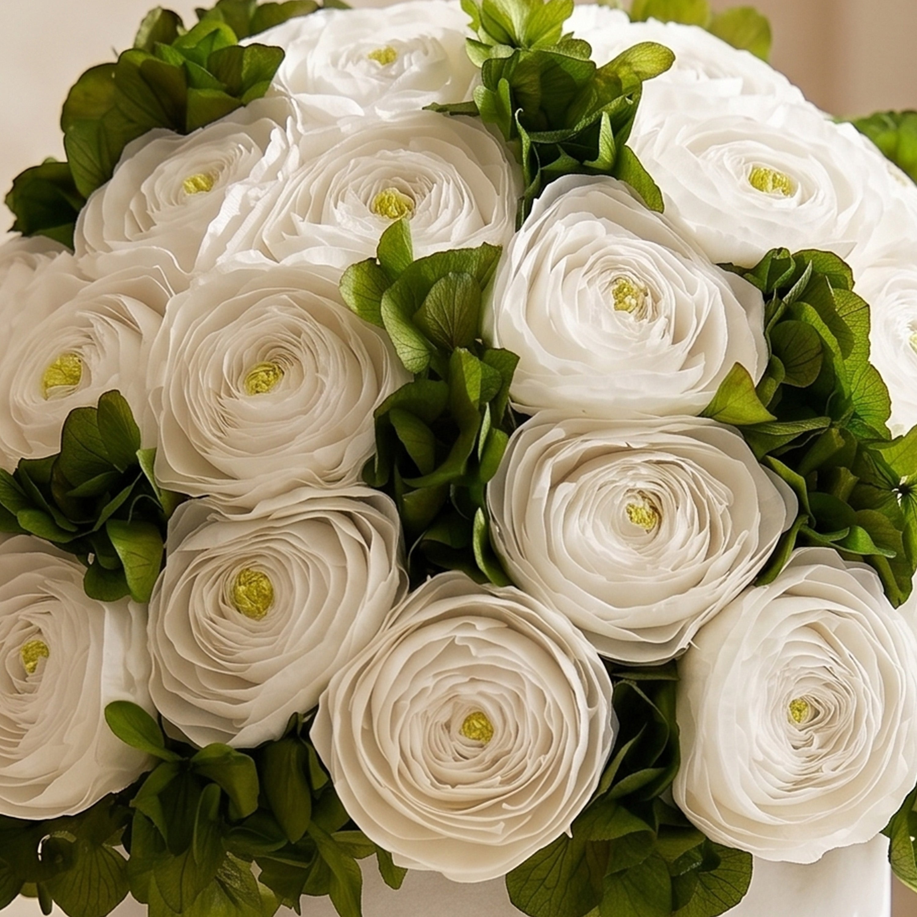 Classic White Box | White Persian Buttercups & Green Hydrangeas