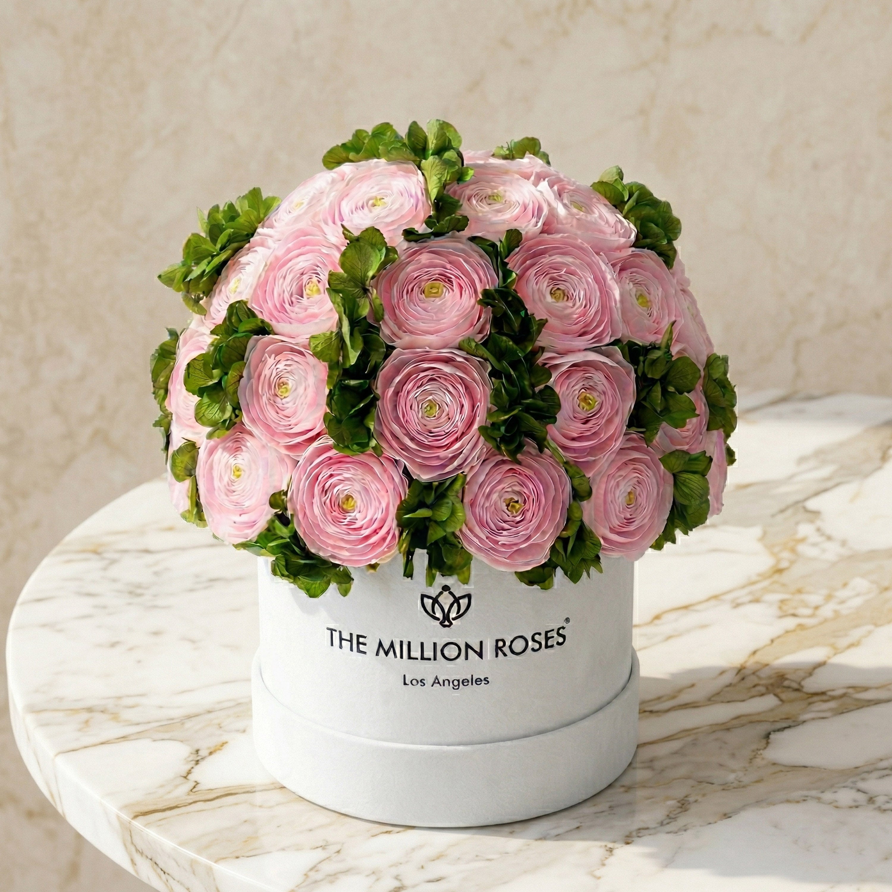 Classic White Box | Light Pink Persian Buttercups & Green Hydrangeas