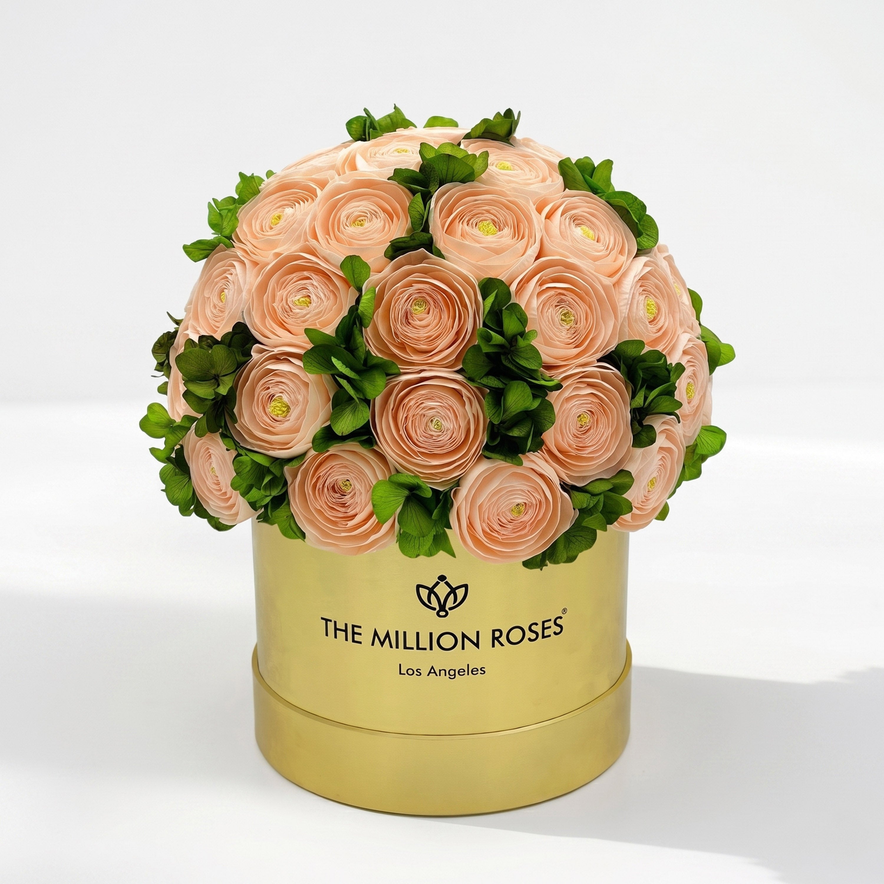 Classic Mirror Gold Box | Peach Persian Buttercups & Green Hydrangeas