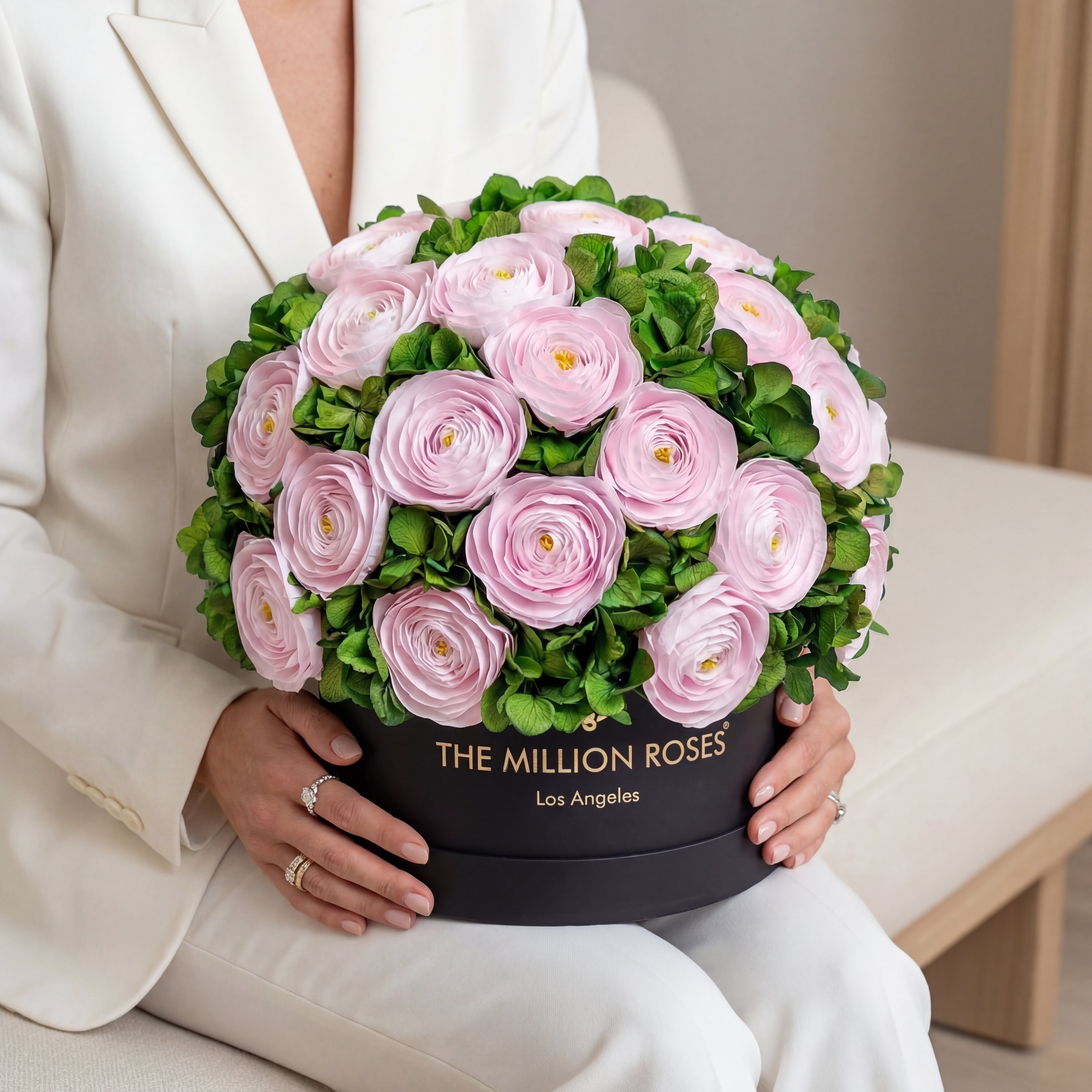 Classic Black Box | Light Pink Persian Buttercups & Green Hydrangeas