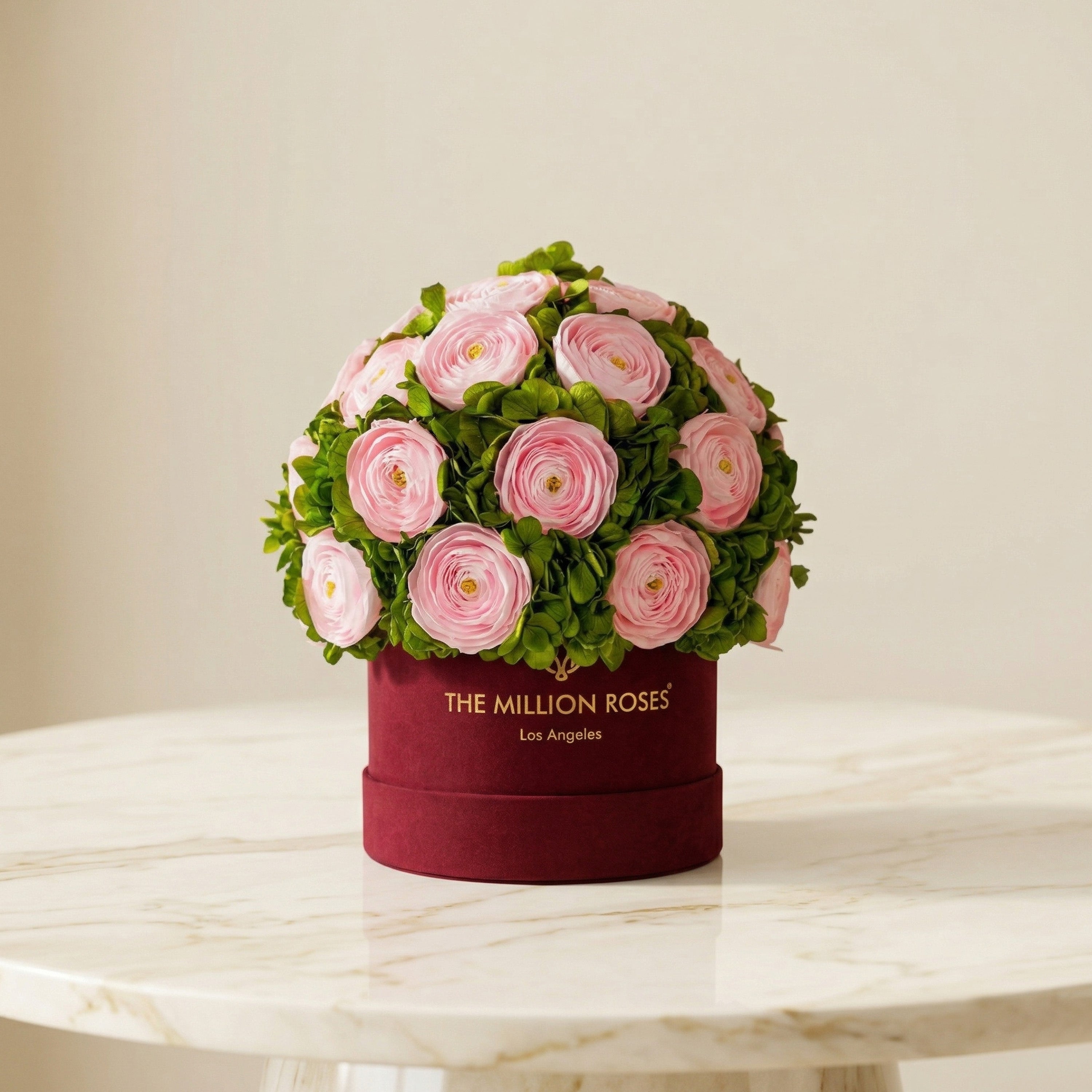 Classic Bordeaux Suede Box | Light Pink Persian Buttercups & Green Hydrangeas