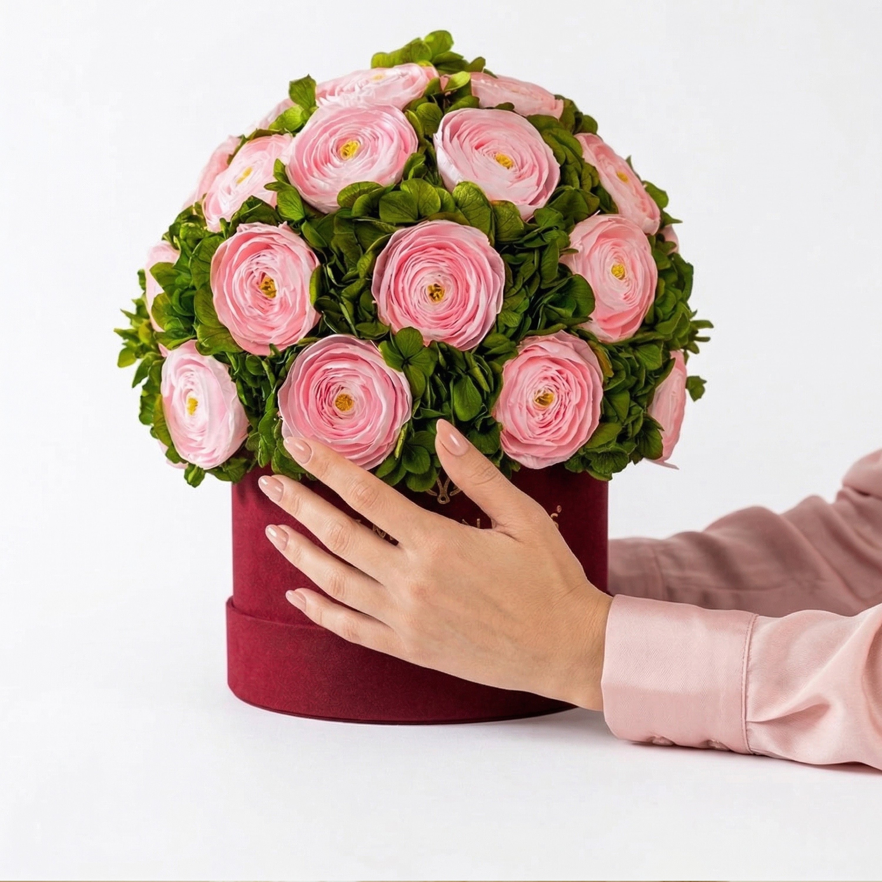 Classic Bordeaux Suede Box | Light Pink Persian Buttercups & Green Hydrangeas