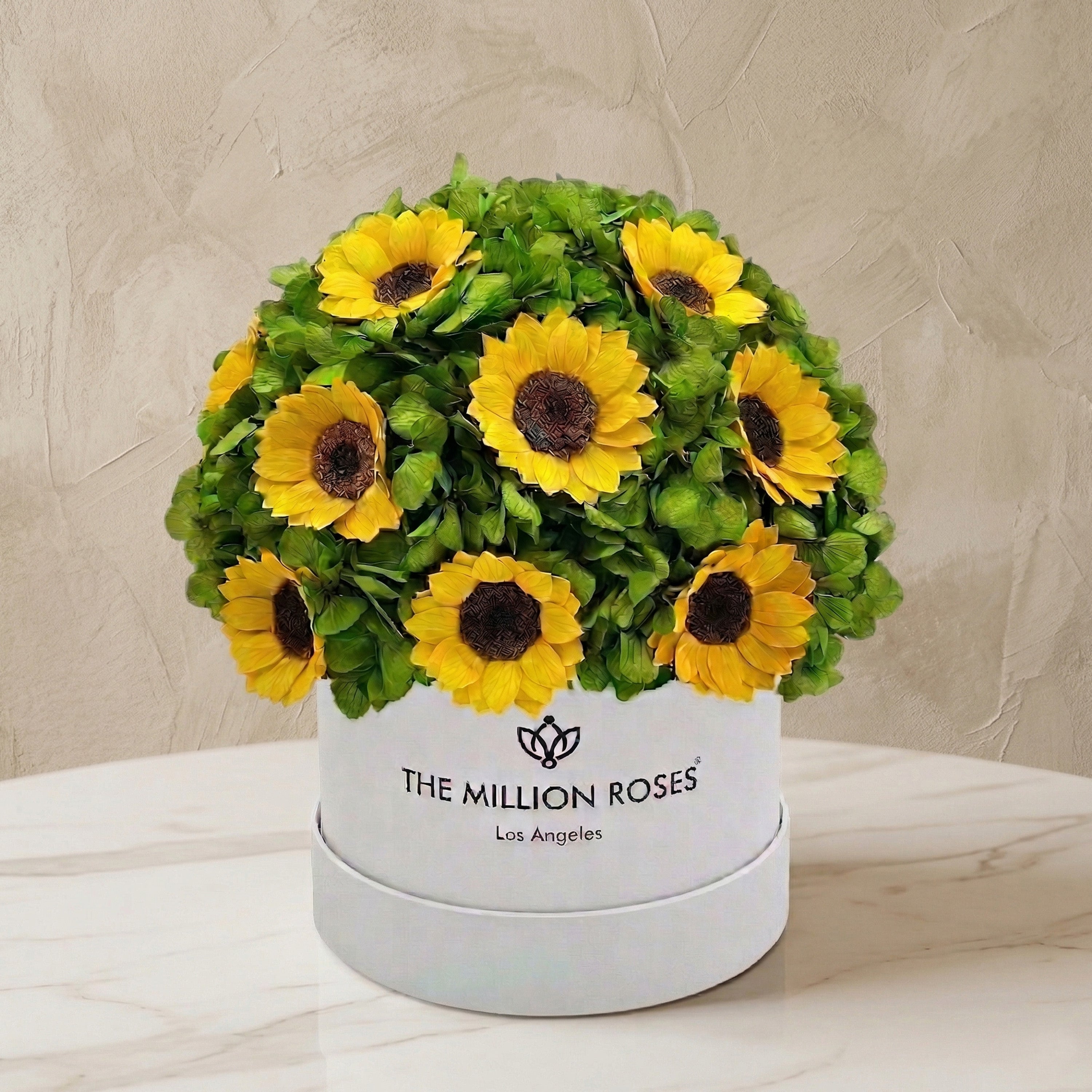 Classic White Box | Green Hydrangeas & Sunflowers