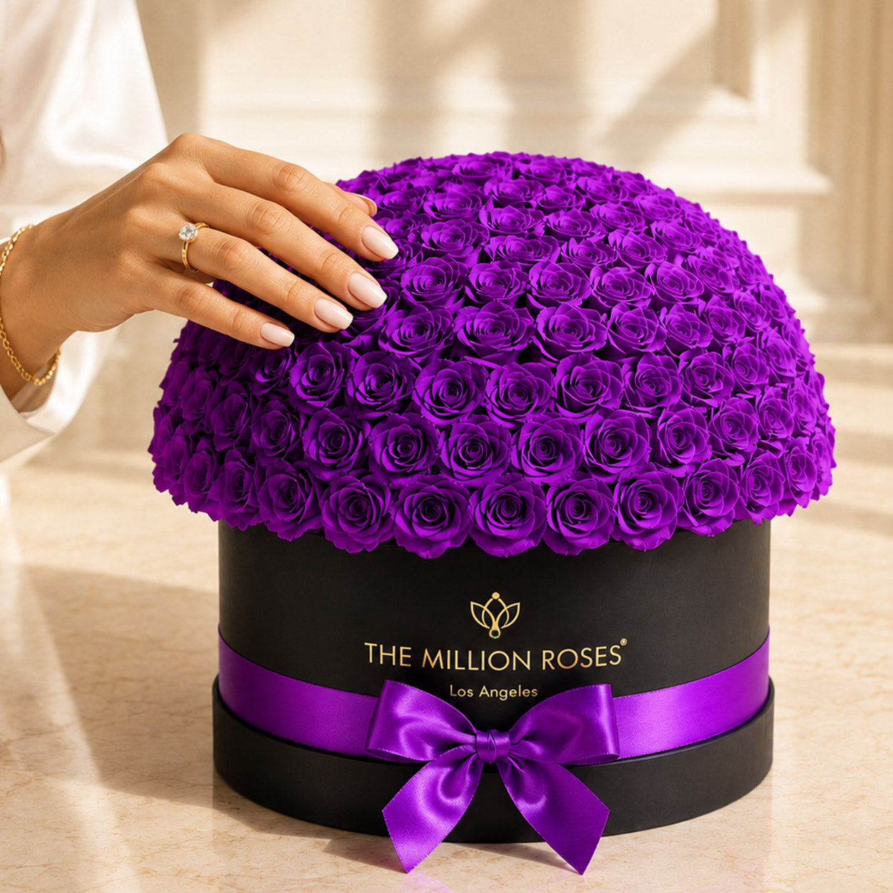 Deluxe Black Dome Box | Bright Purple Roses
