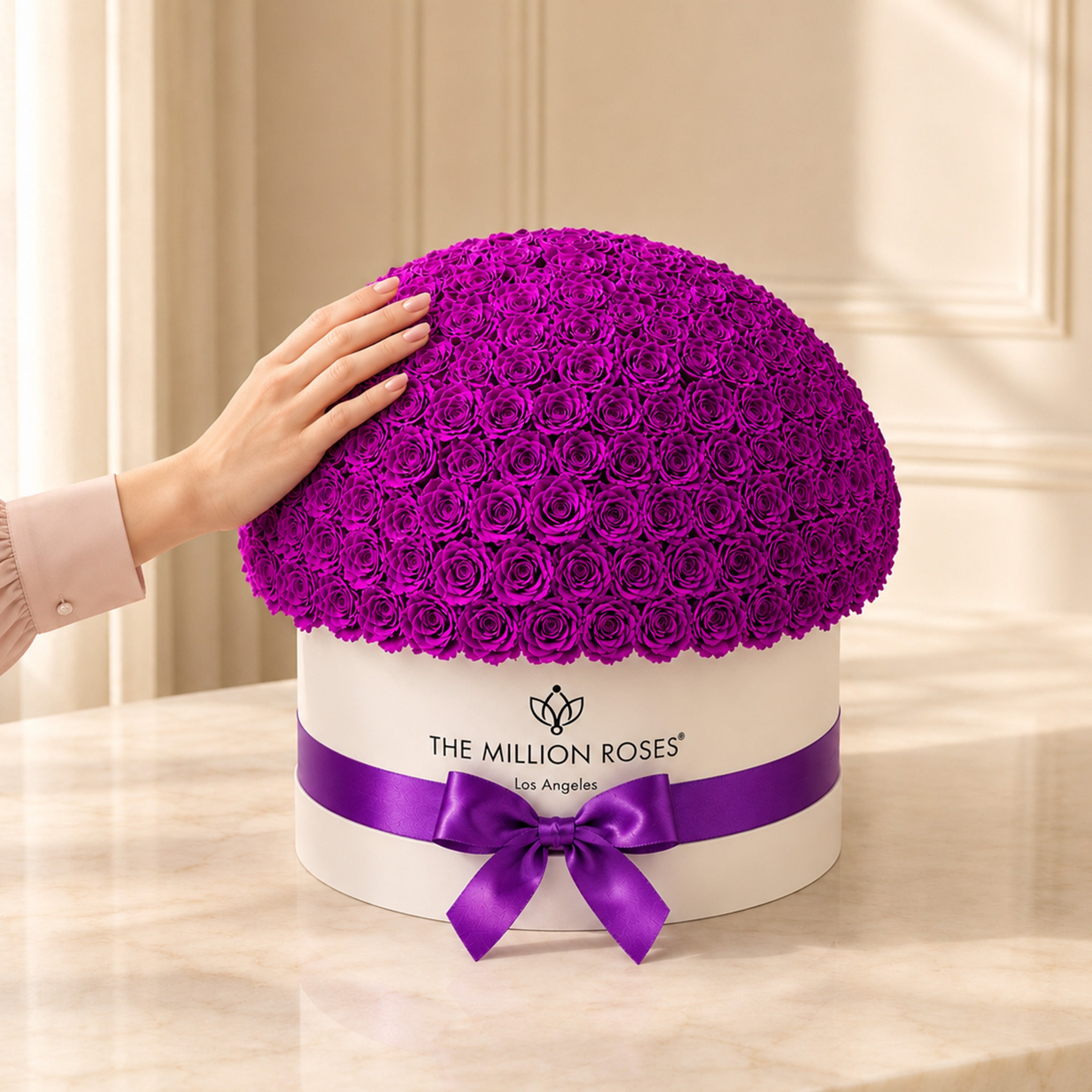 Deluxe White Dome Box | Bright Purple Roses