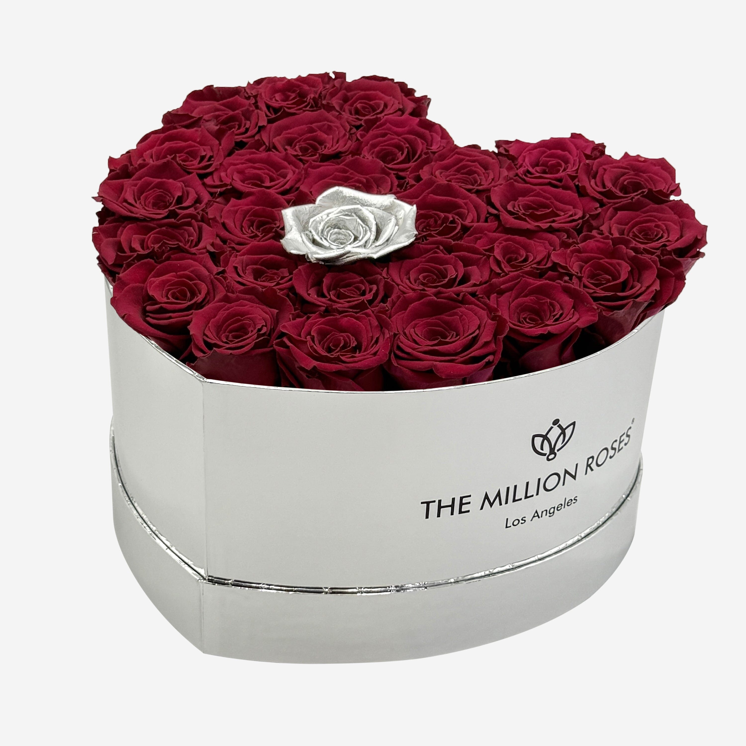 Heart Mirror Silver Box | Burgundy & Silver Roses