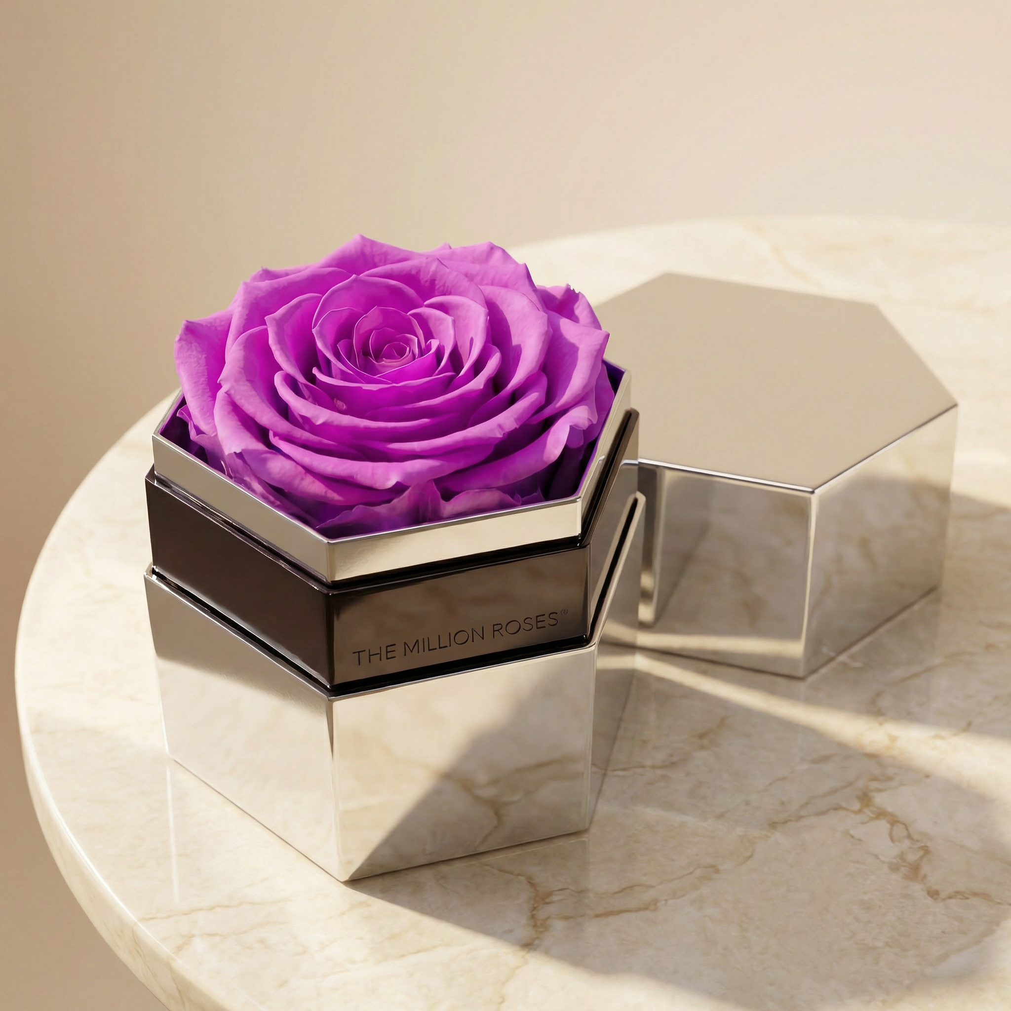 One in a Million™ Mirror Silver Hexagon Box | Bright Purple Rose