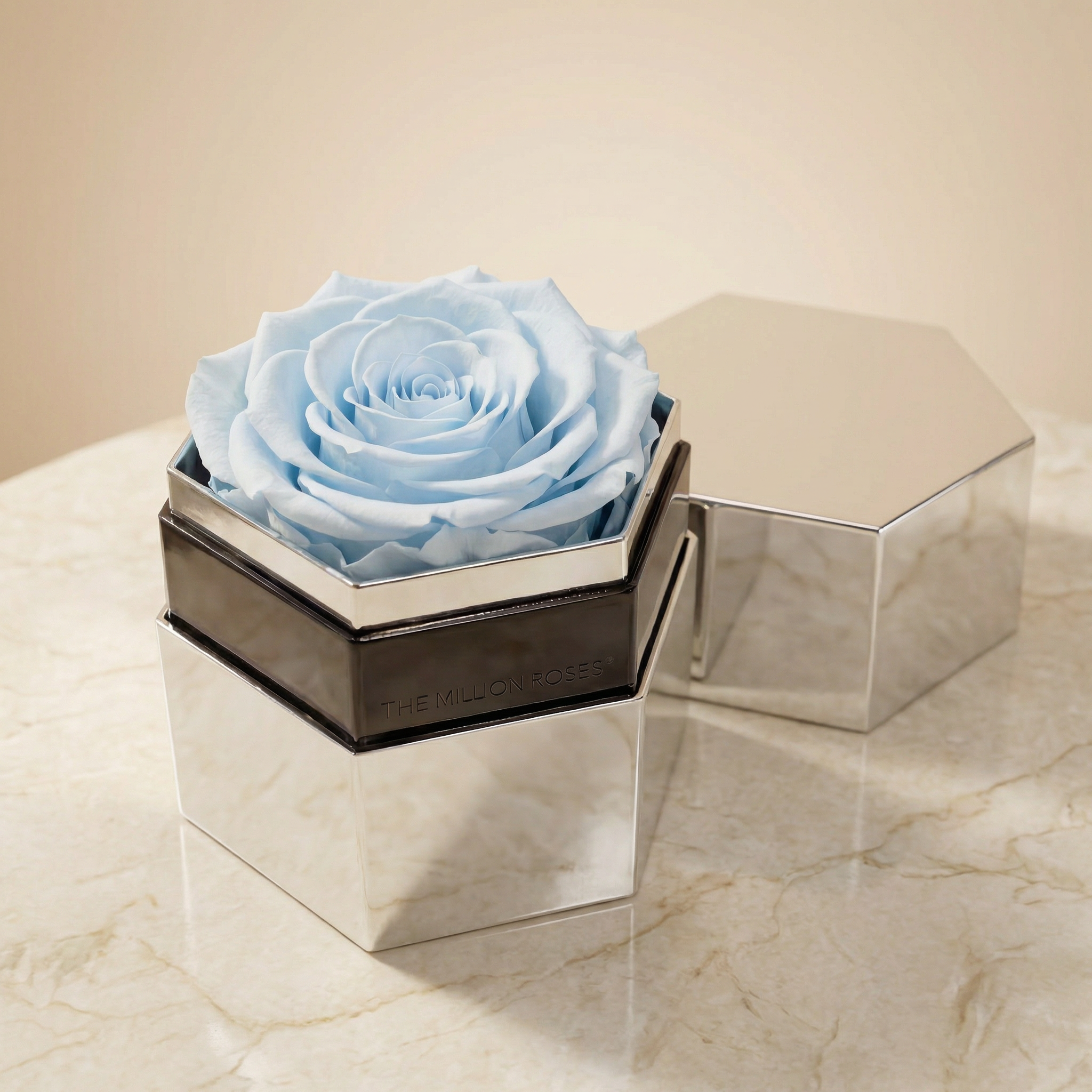 One in a Million™ Mirror Silver Hexagon Box | Light Blue Rose