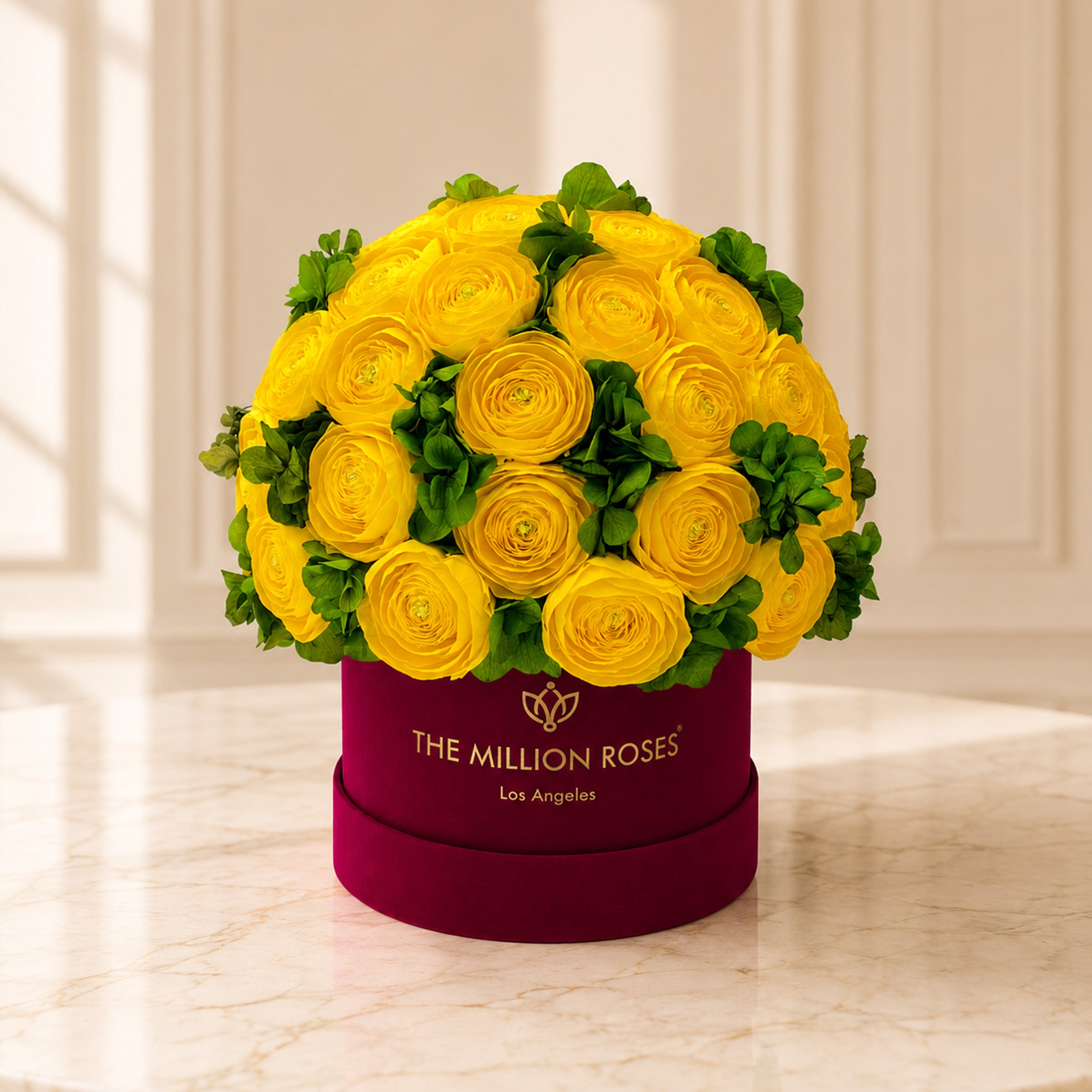 Classic Bordeaux Suede Box | Yellow Persian Buttercups & Green Hydrangeas