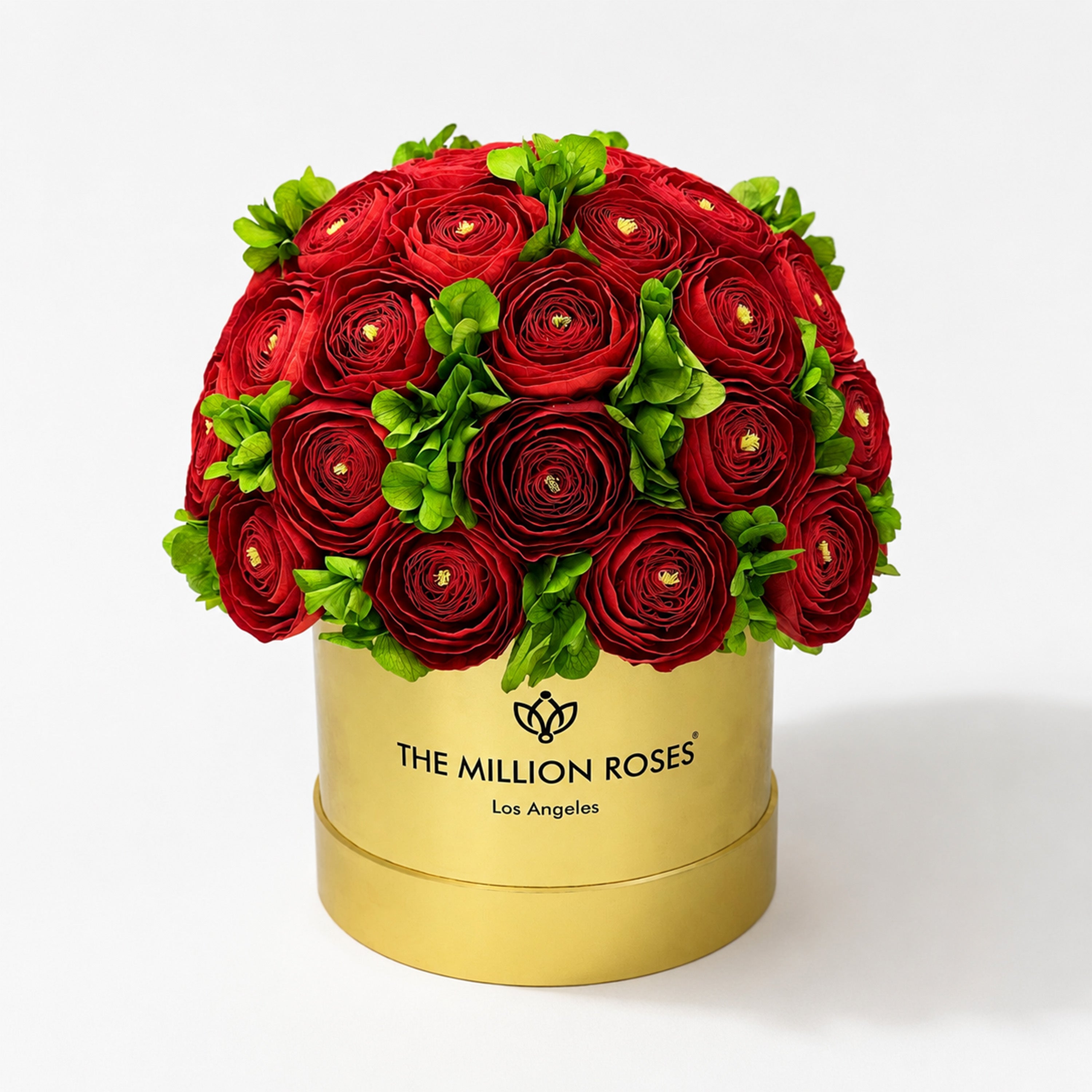 Classic Mirror Gold Box | Red Persian Buttercups & Green Hydrangeas