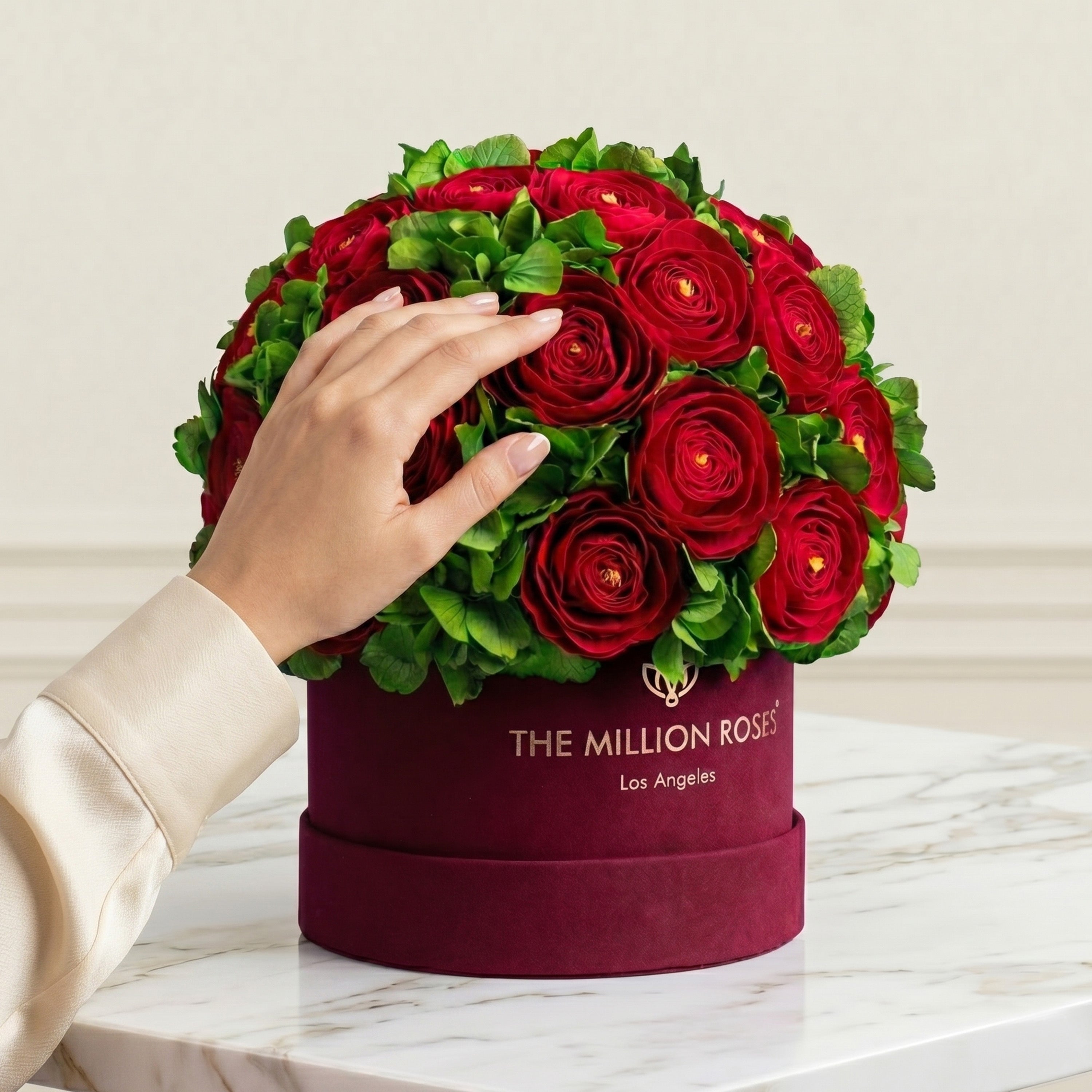 Classic Bordeaux Suede Box | Red Persian Buttercups & Green Hydrangeas