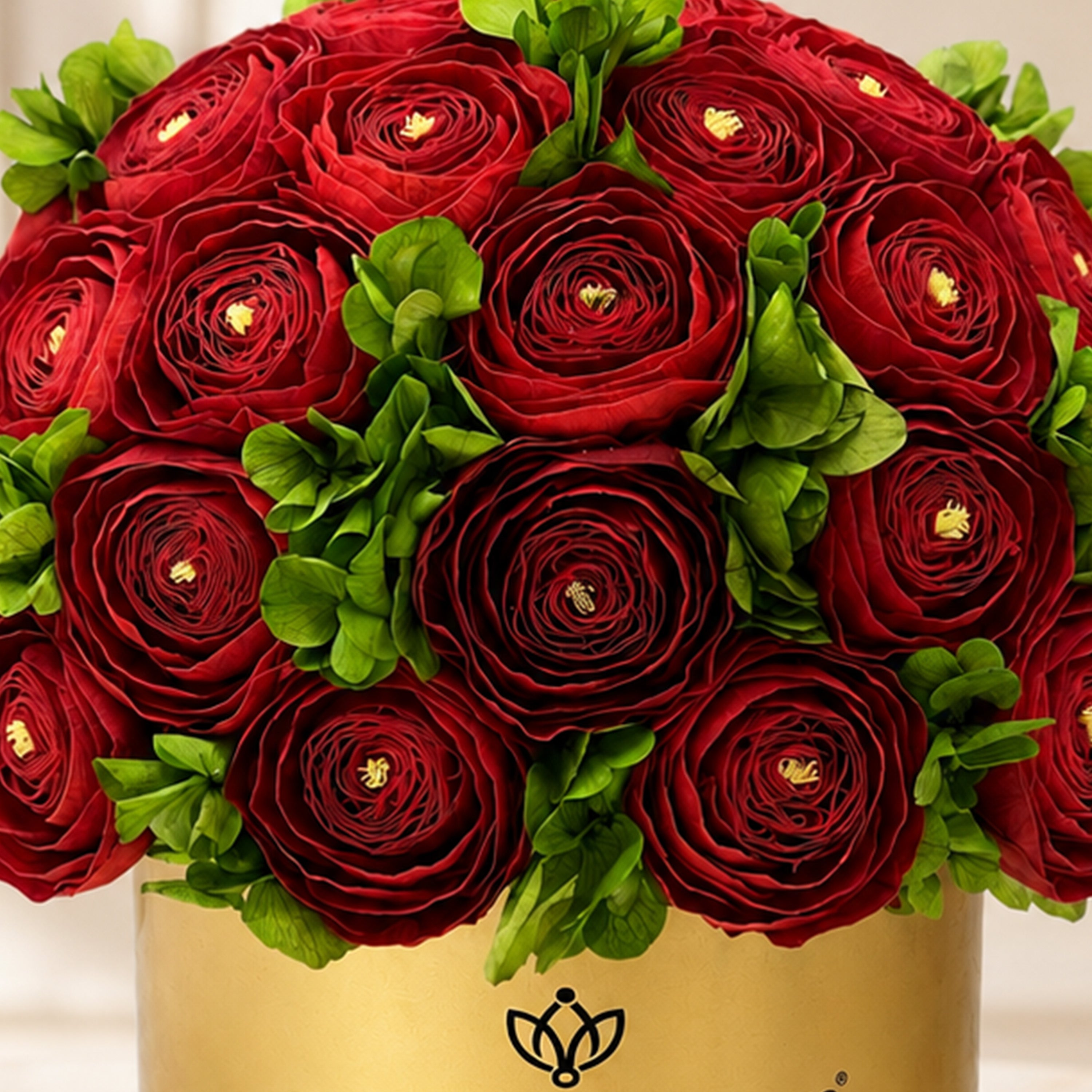 Classic Mirror Gold Box | Red Persian Buttercups & Green Hydrangeas