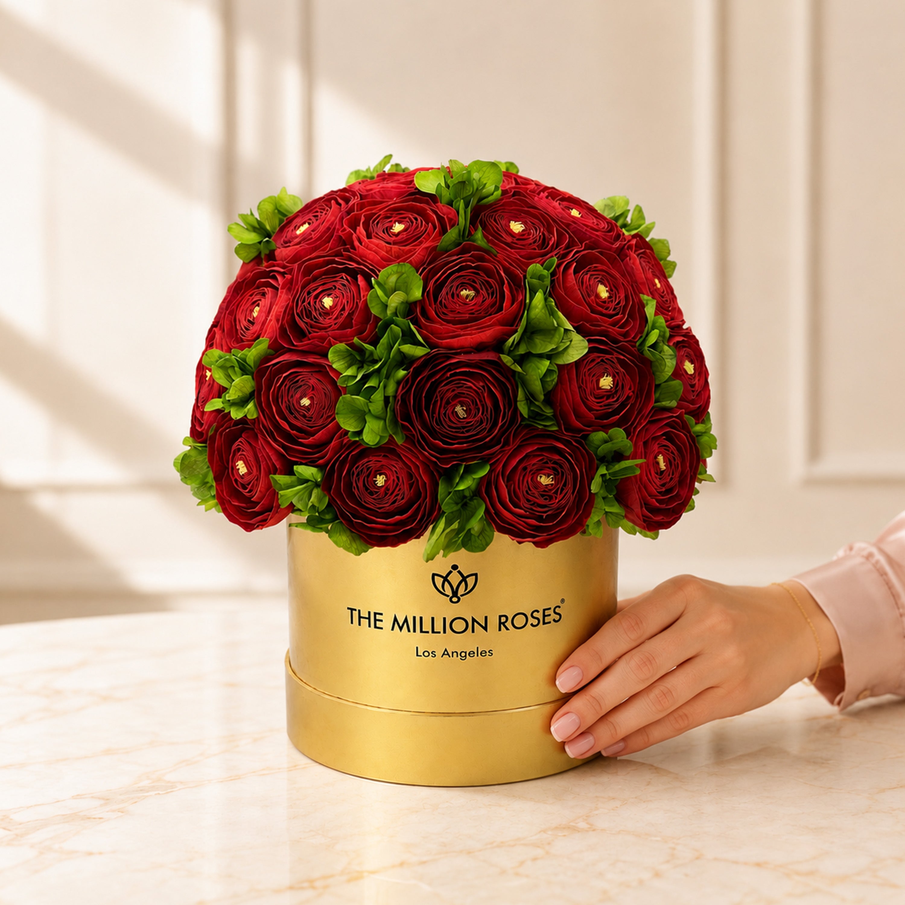 Classic Mirror Gold Box | Red Persian Buttercups & Green Hydrangeas