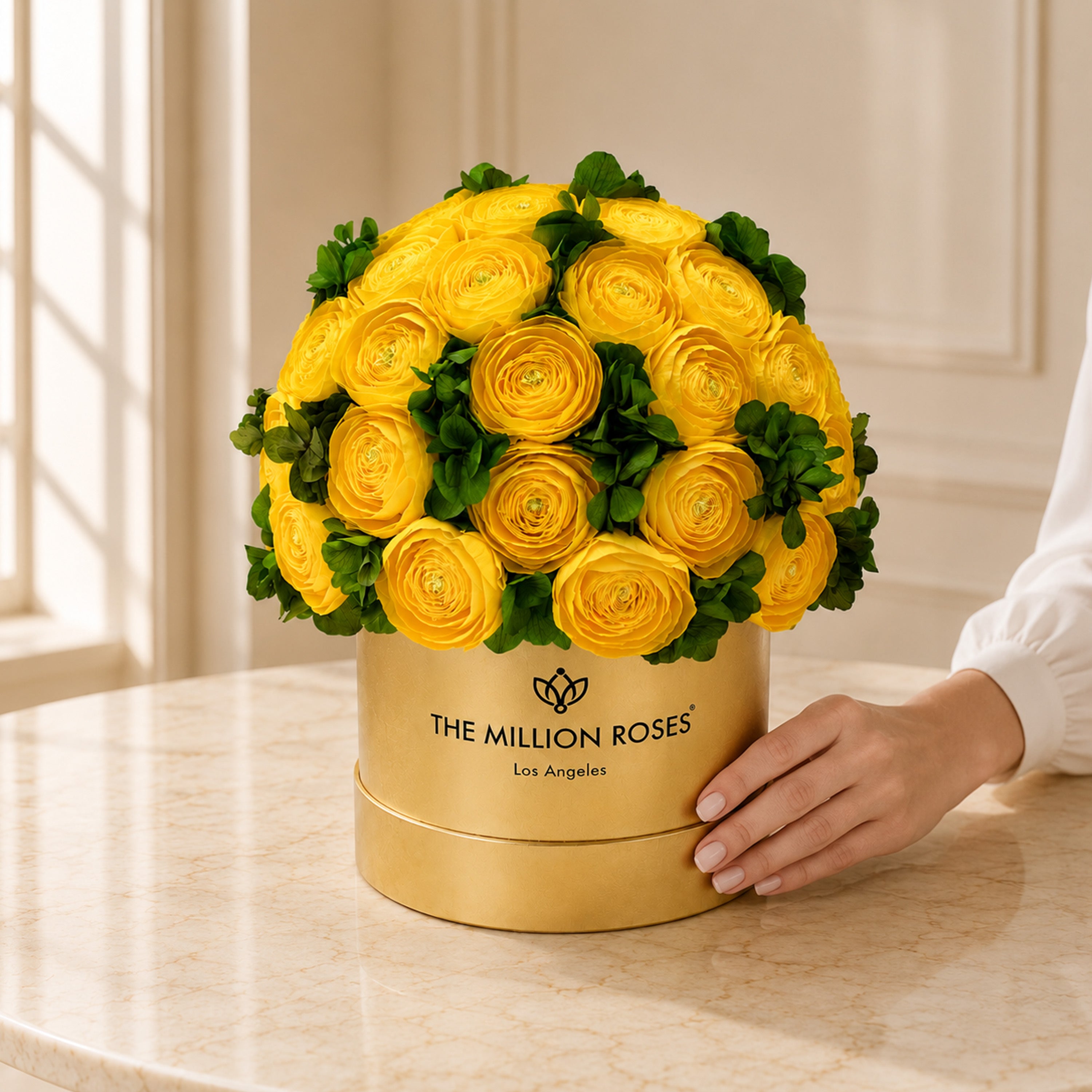 Classic Mirror Gold Box | Yellow Persian Buttercups & Green Hydrangeas