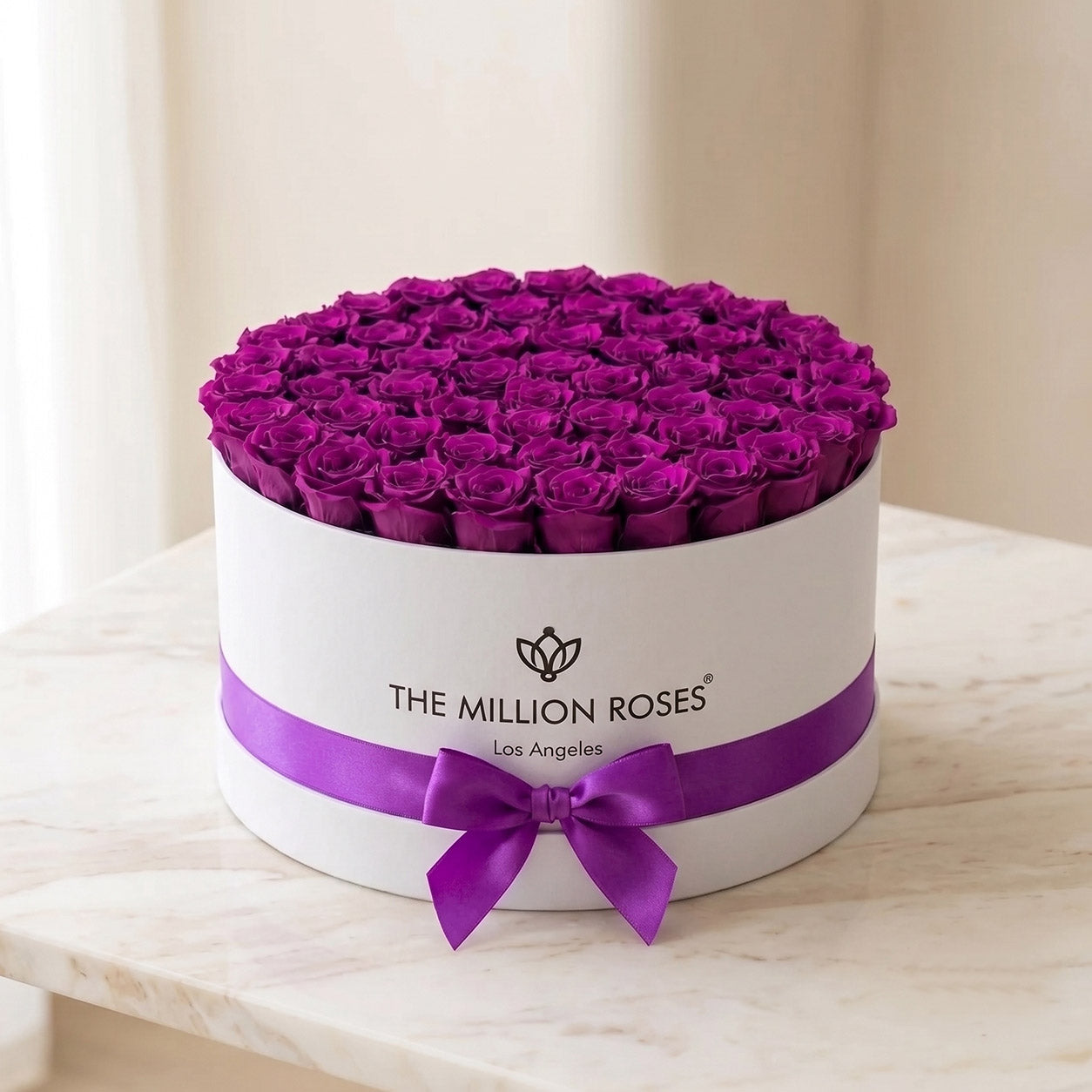 Deluxe White Box | Bright Purple Roses