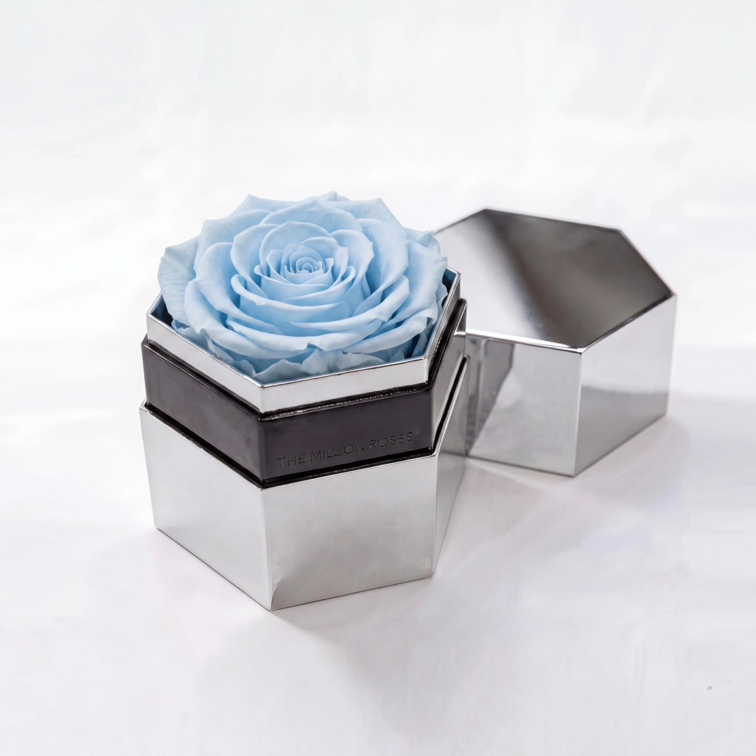 One in a Million™ Mirror Silver Hexagon Box | Light Blue Rose