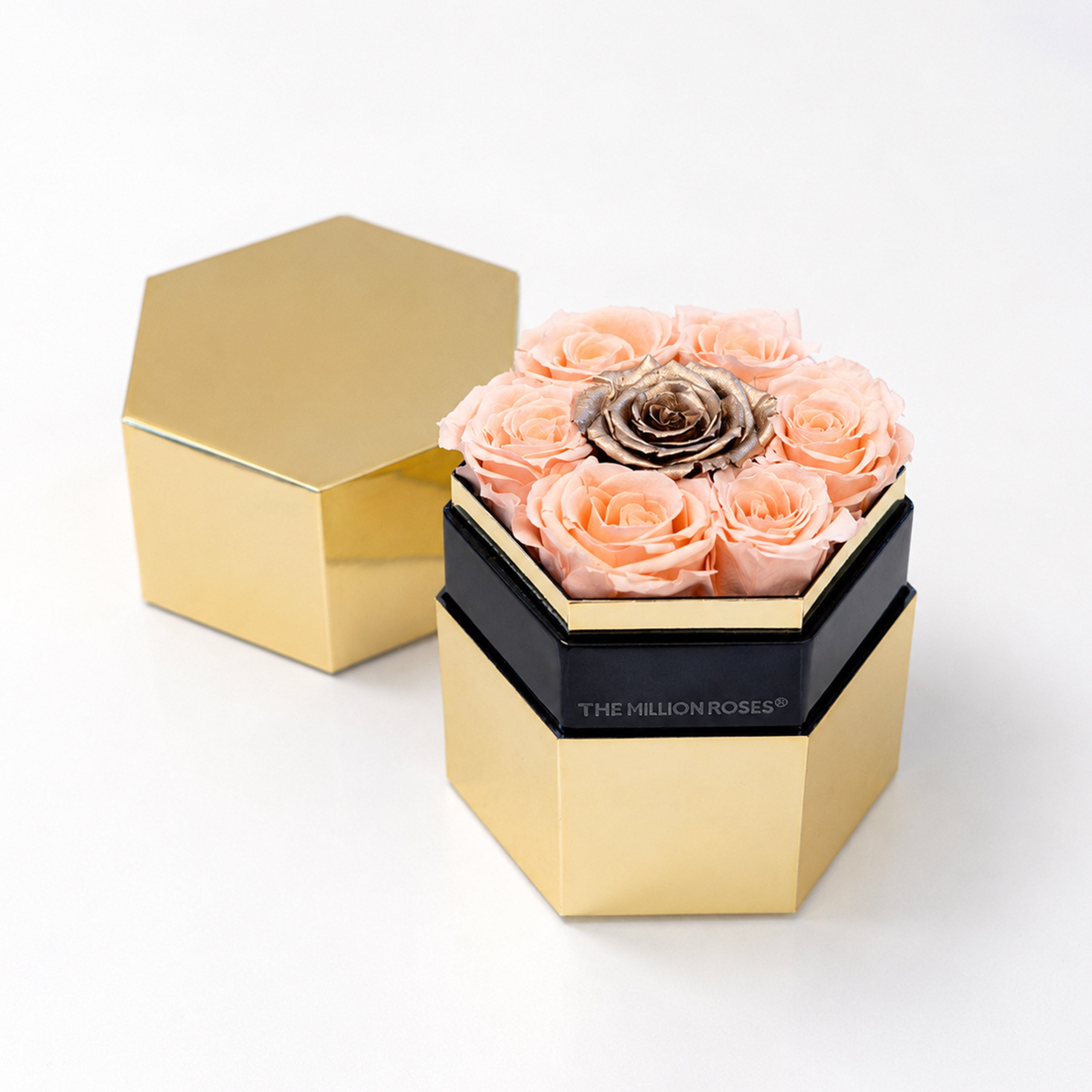 One in a Million™ Mirror Gold Hexagon Box | Peach & Gold Roses
