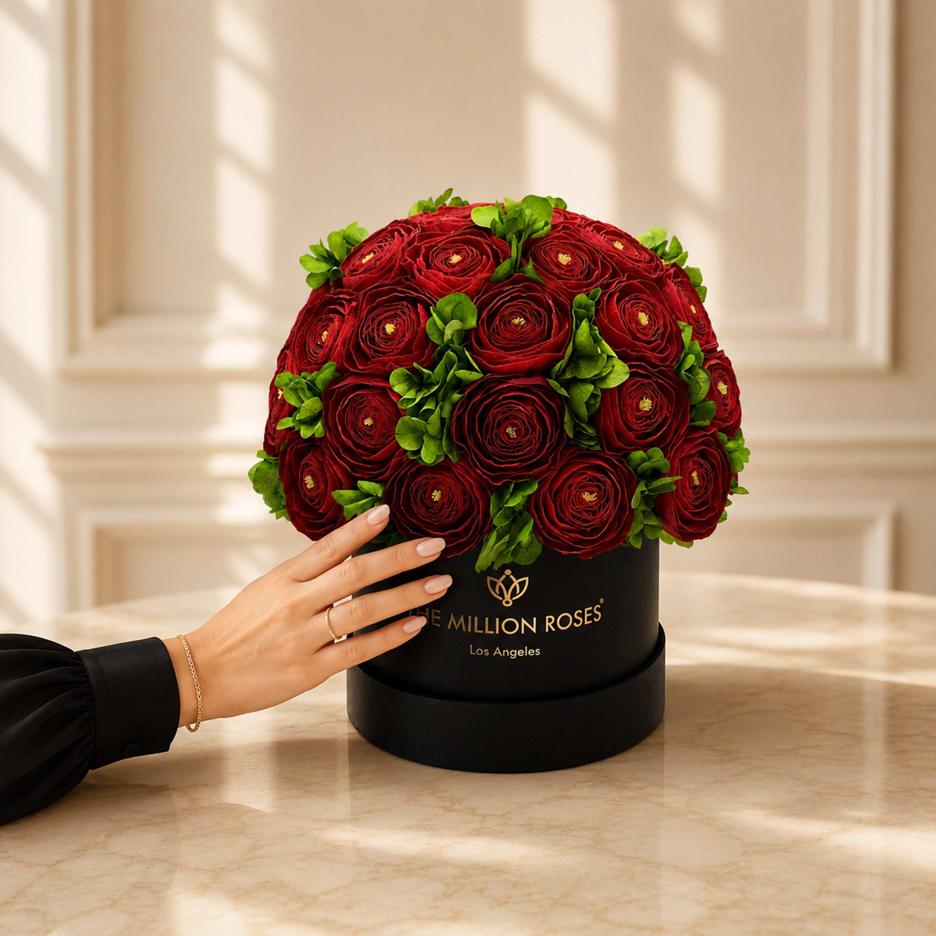 Classic Black Box | Red Persian Buttercups & Green Hydrangeas