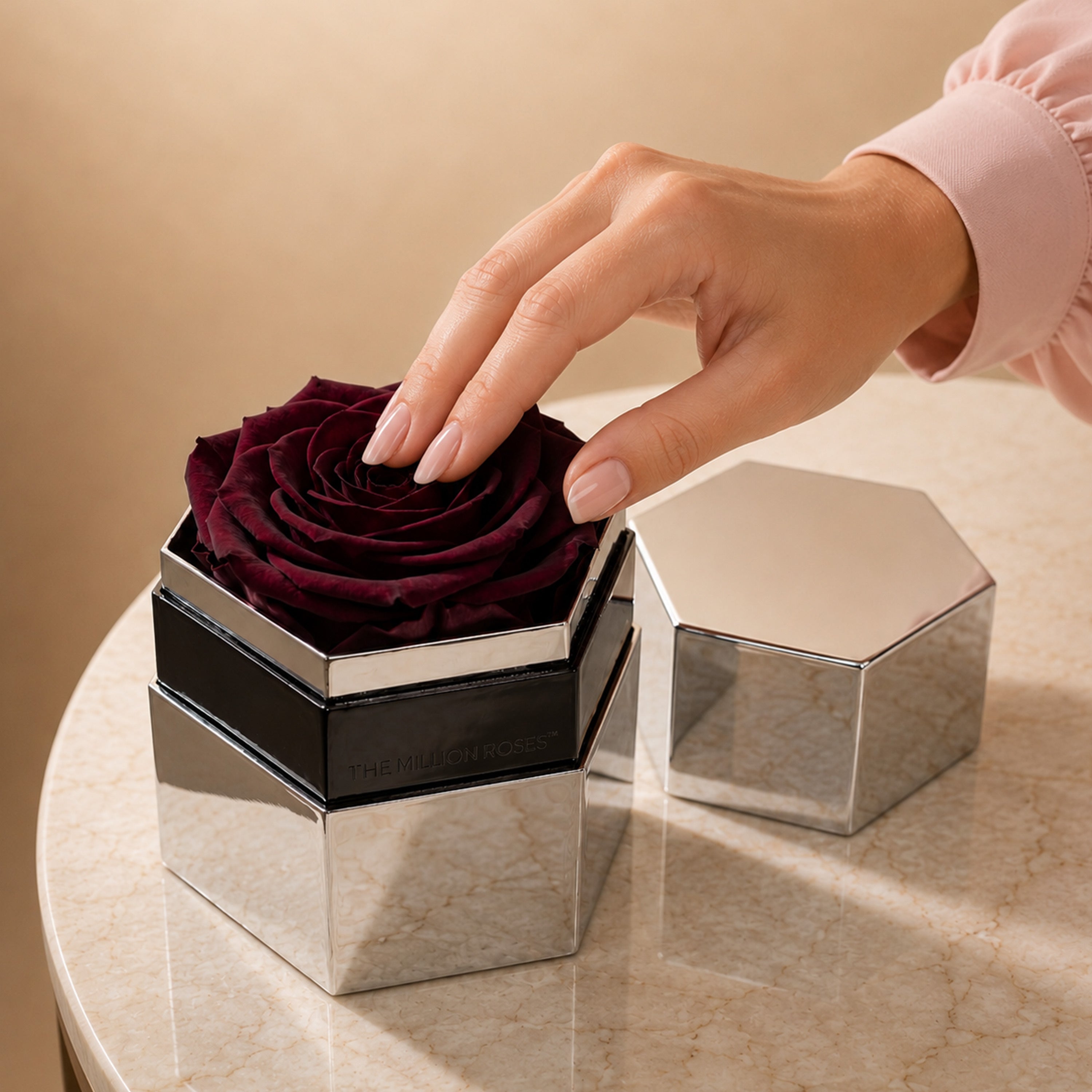 One in a Million™ Mirror Silver Hexagon Box | Burgundy Rose