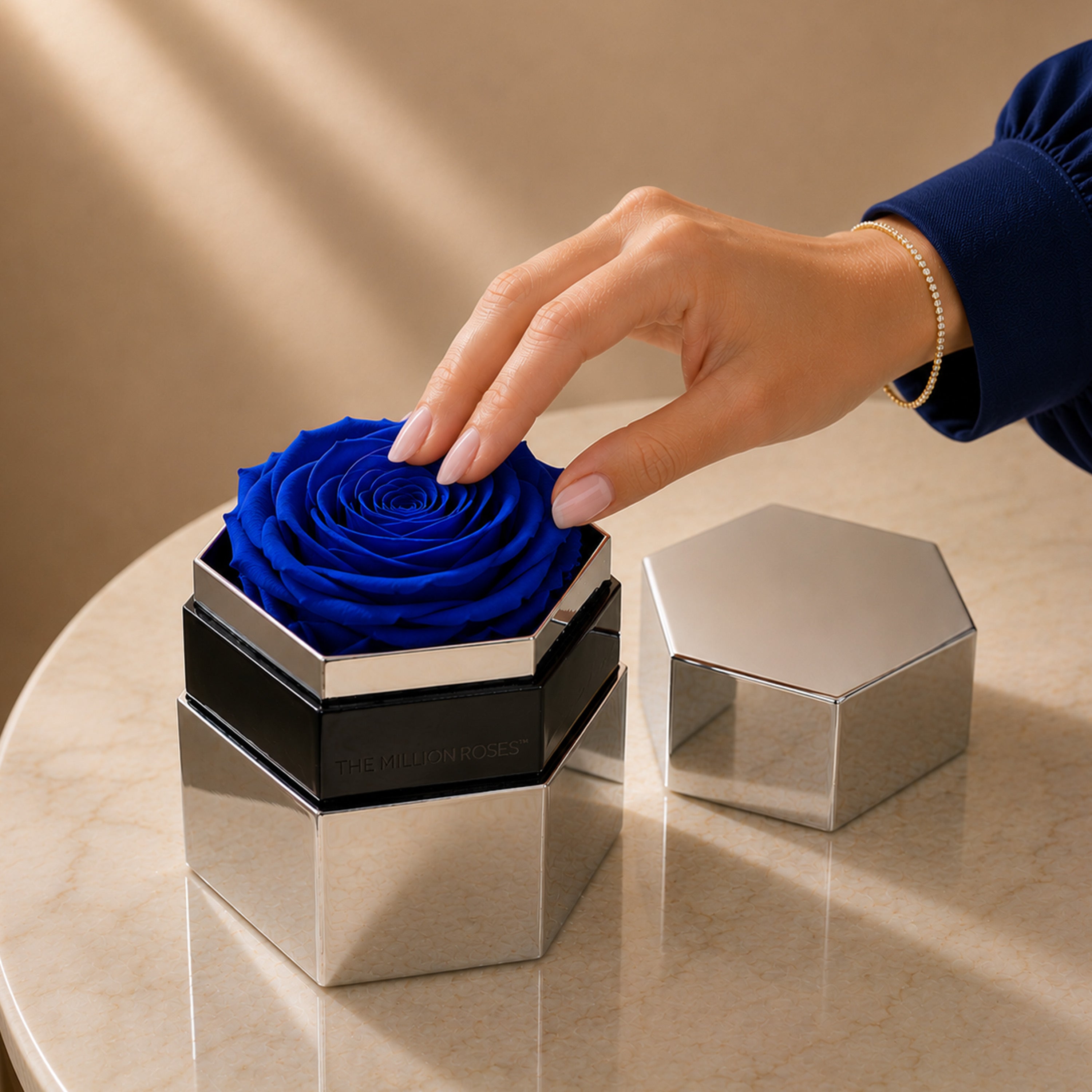 One in a Million™ Mirror Silver Hexagon Box | Royal Blue Rose