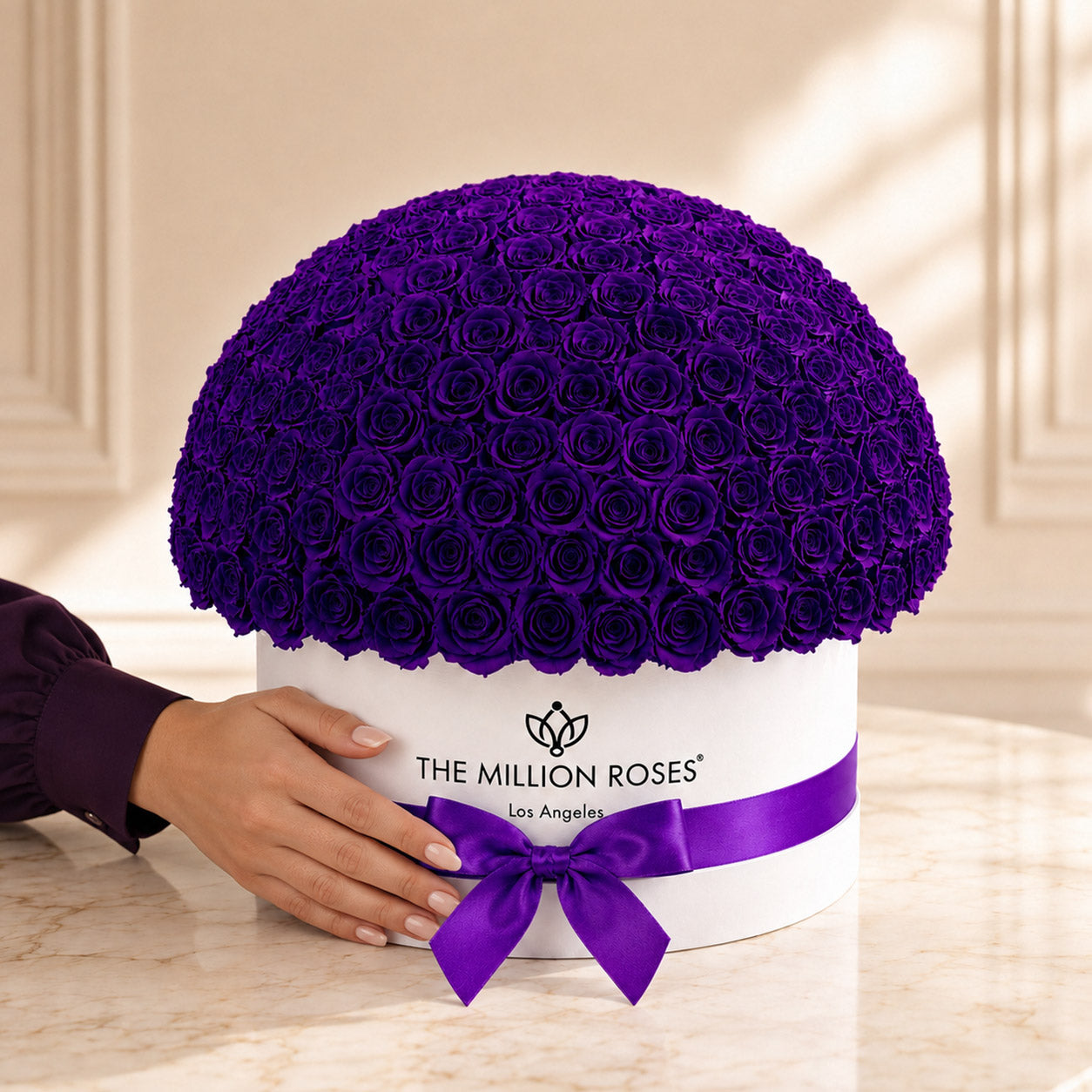 Deluxe White Dome Box | Bright Purple Roses