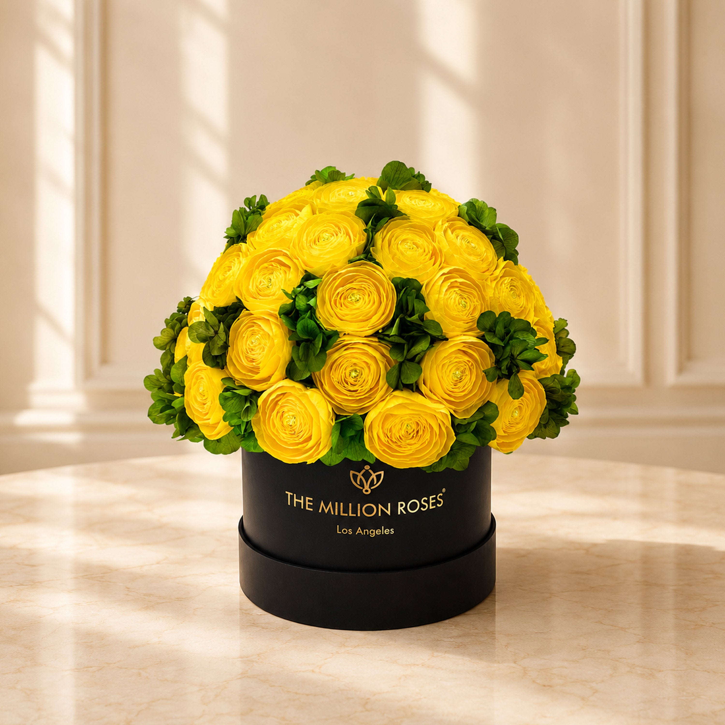 Classic Black Box | Yellow Persian Buttercups & Green Hydrangeas