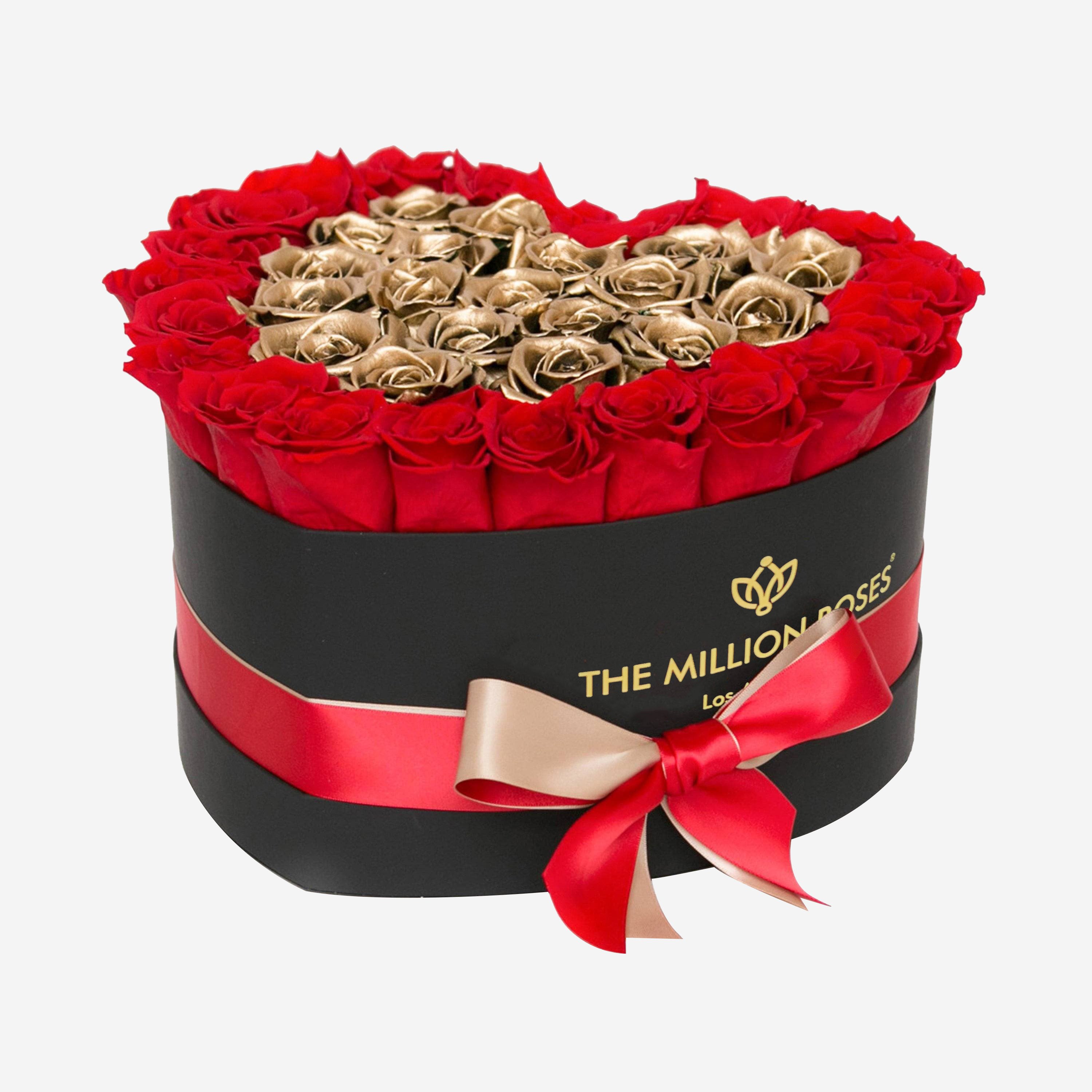 Caja corazón negro c/t 100 rosas rojas al raz