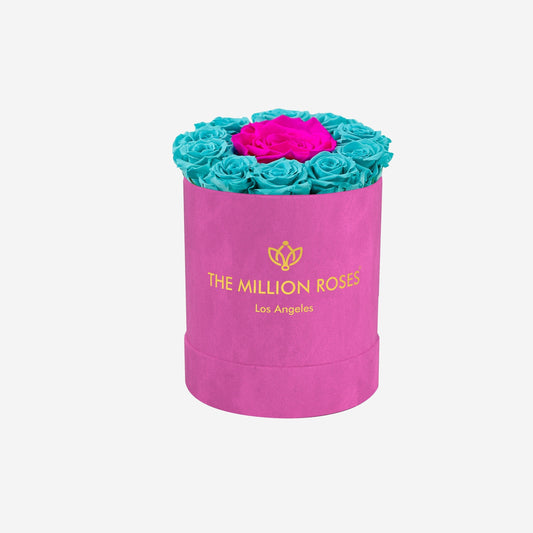 Basic Hot Pink Suede Box | Turquoise & Neon Pink Mini Roses - The Million Roses