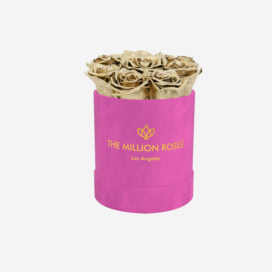 Basic Hot Pink Suede Box | Gold Roses - The Million Roses