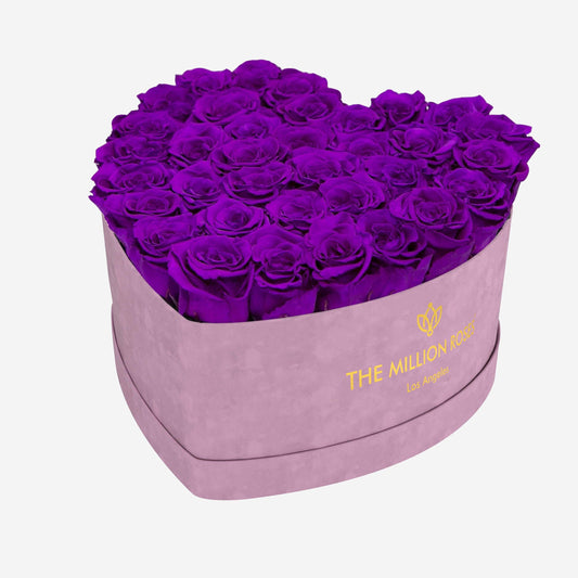 Heart Light Pink Suede Box | Bright Purple Roses - The Million Roses