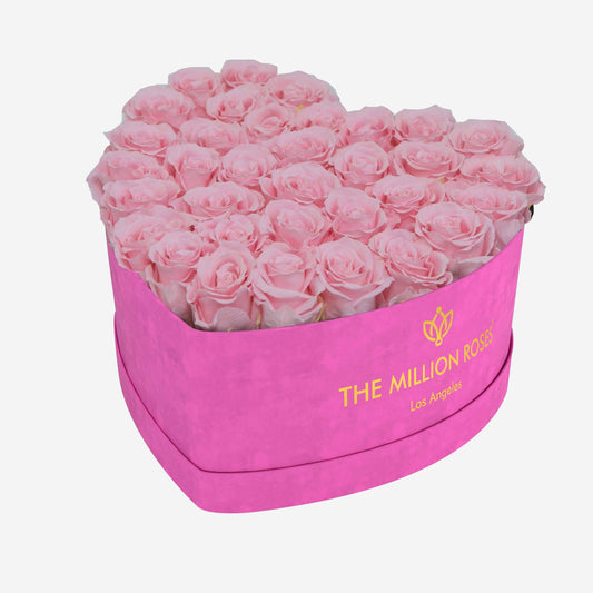 Heart Hot Pink Suede Box | Light Pink Roses - The Million Roses