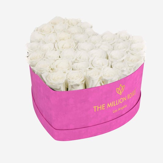 Heart Hot Pink Suede Box | White Roses - The Million Roses