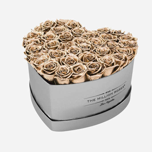 Heart Mirror Silver Box | Gold Roses - The Million Roses