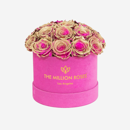Classic Hot Pink Suede Dome Box | Neon Pink Gold Roses - The Million Roses