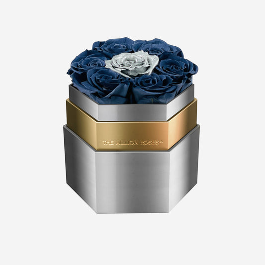 One in a Million™ Mirror Silver Hexagon Box | Smoky Blue & Silver Roses - The Million Roses