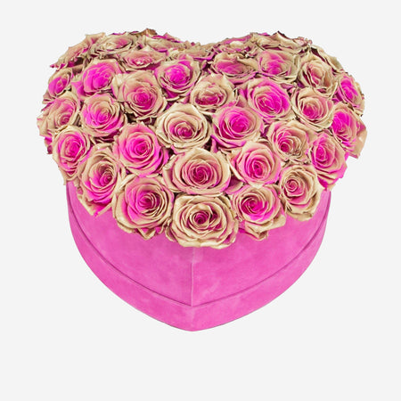 Heart Hot Pink Suede Dome Box | Neon Gold Pink Roses - The Million Roses