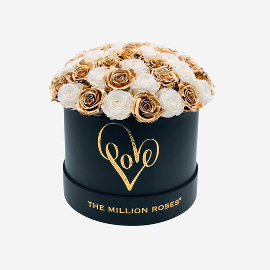 Classic Black Dome Box | Love Edition |  Gold & White Mini Roses - The Million Roses