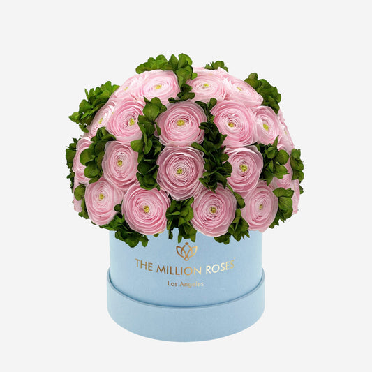Classic Light Blue Suede Box | Light Pink Persian Buttercups & Green Hydrangeas - The Million Roses