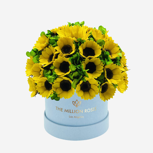 Classic Light Blue Suede Box | Sunflowers & Green Hydrangeas - The Million Roses