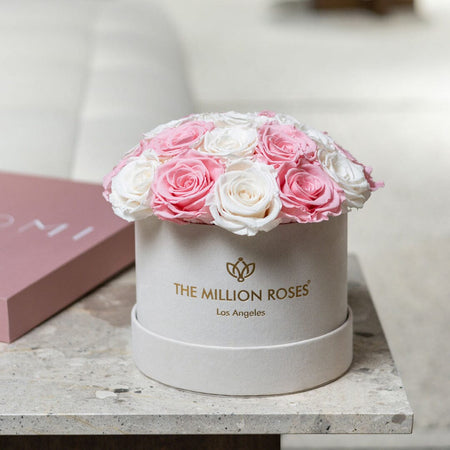 Classic Beige Suede Dome Box | Light Pink & White Roses