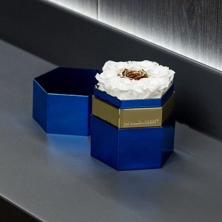 One in a Million™ Mirror Blue Hexagon Box | White & Gold Roses