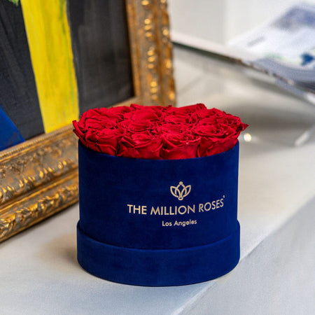 Classic Royal Blue Suede Box | Red Roses