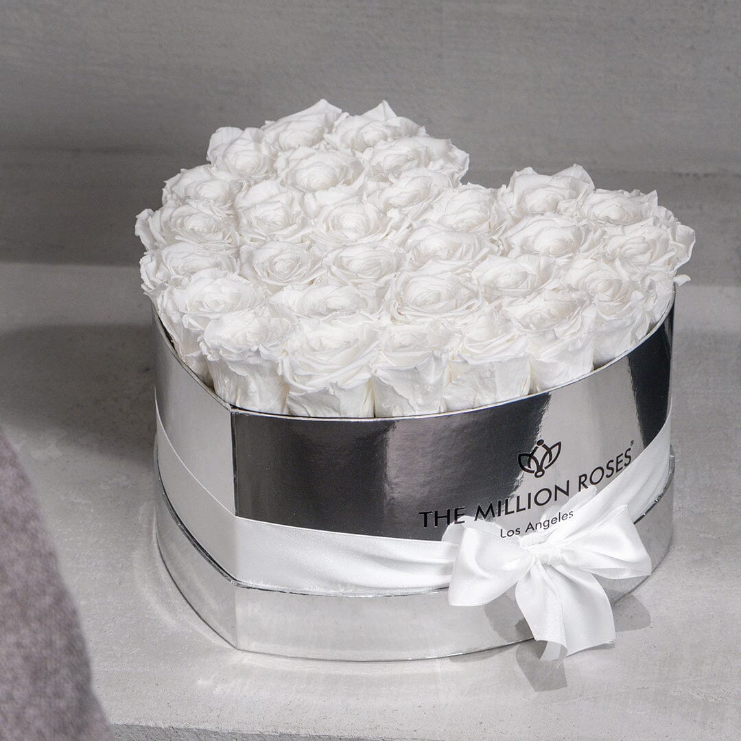 Heart Mirror Silver Box | White Roses - The Million Roses