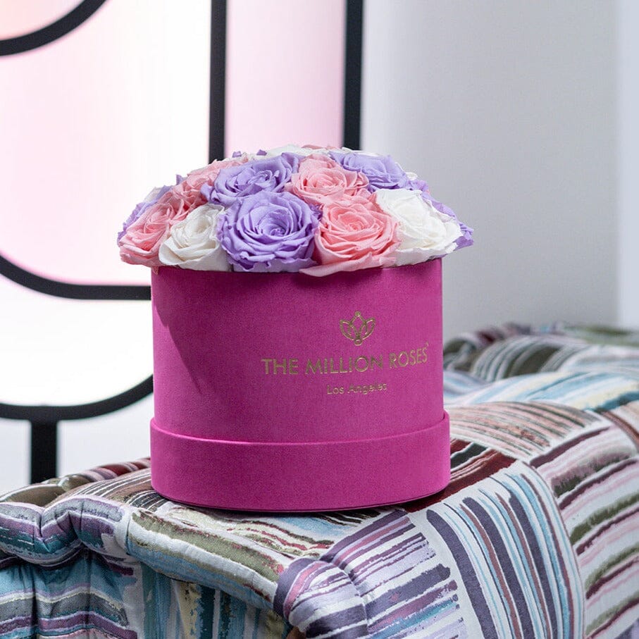 Classic Hot Pink Suede Dome Box | Lavender & Ivory & Pink Roses