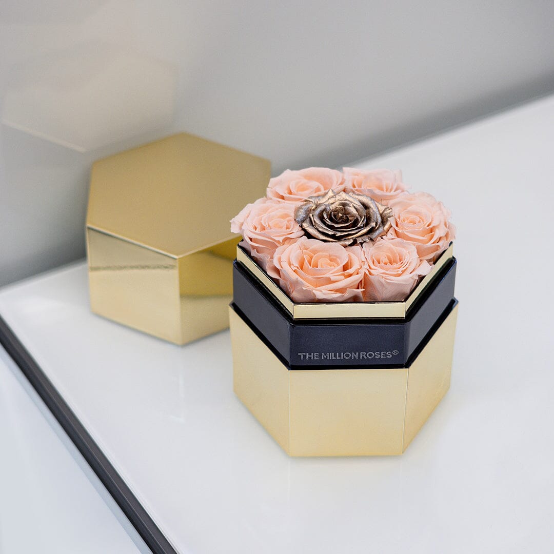 One in a Million™ Mirror Gold Hexagon Box | Peach & Gold Roses - The Million Roses