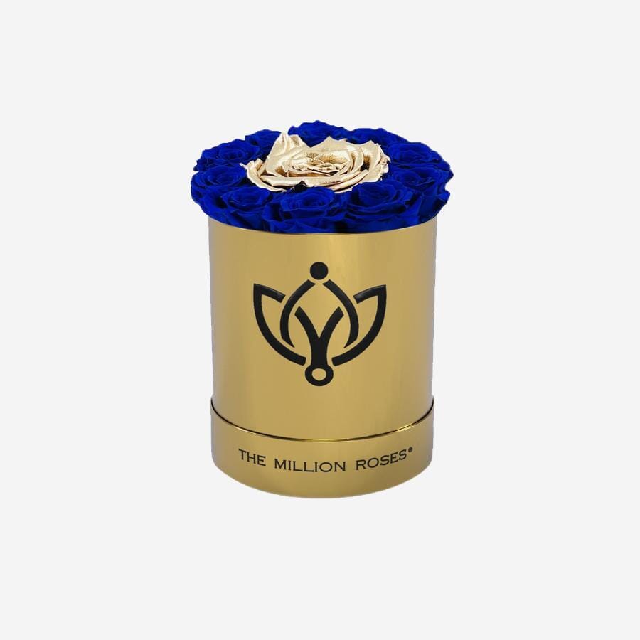 Basic Mirror Gold Box | Royal Blue & Gold Mini Roses - The Million Roses