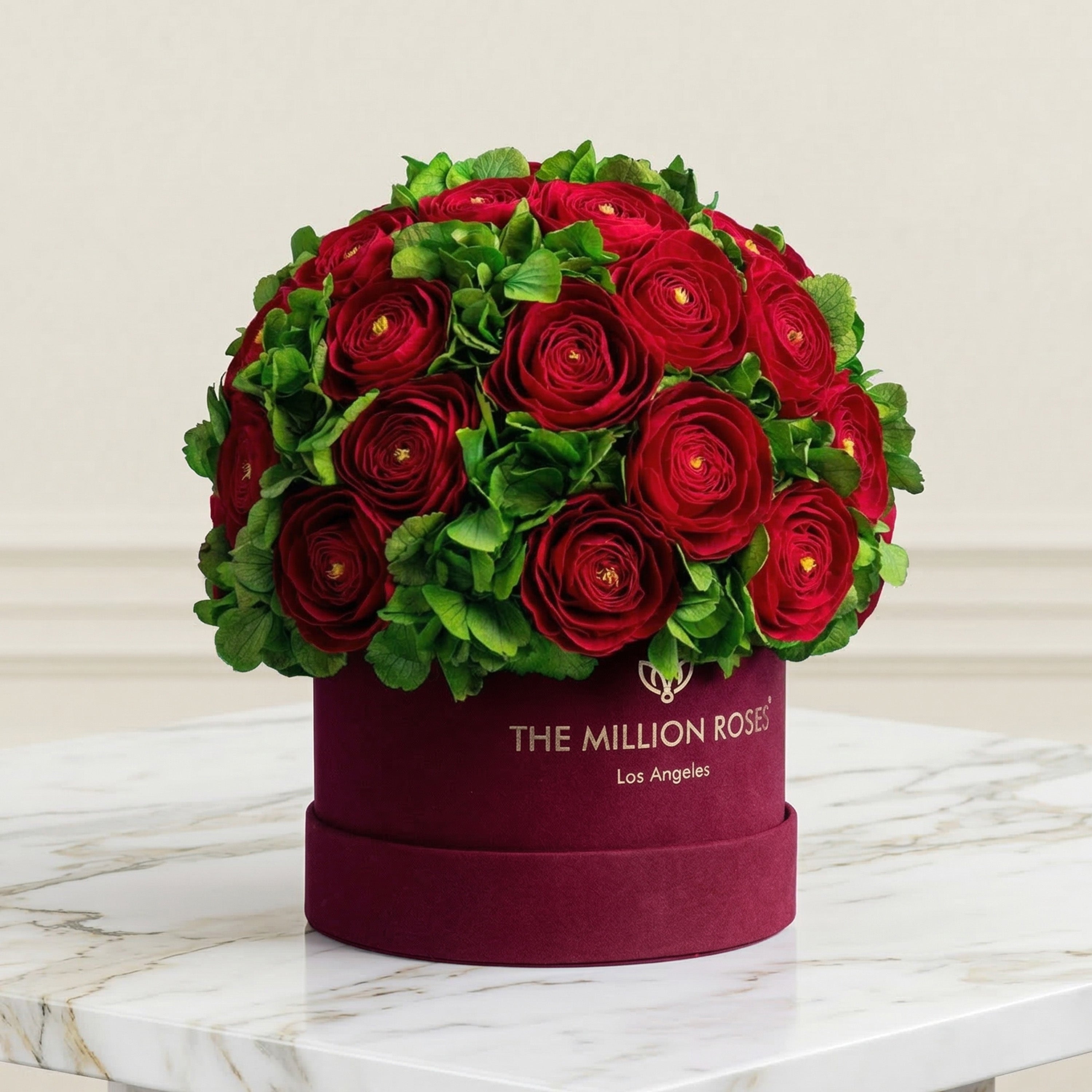 Classic Bordeaux Suede Box | Red Persian Buttercups & Green Hydrangeas