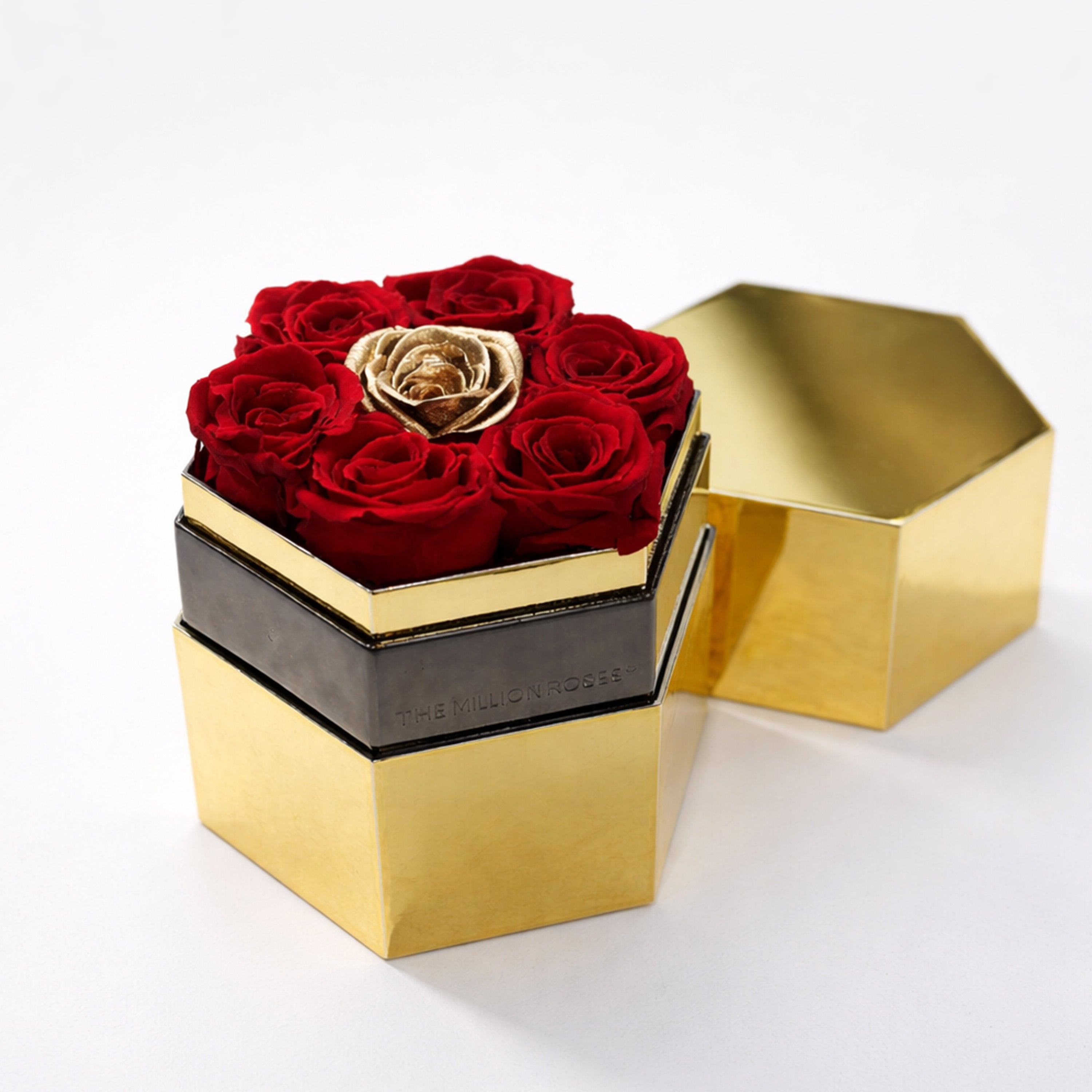 Un dans un million™ miroir or hexagone boîte | Roses rouges et dorées
