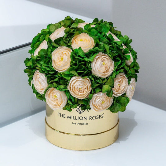 Classic Mirror Gold Box | Peach Persian Buttercups & Green Hydrangeas